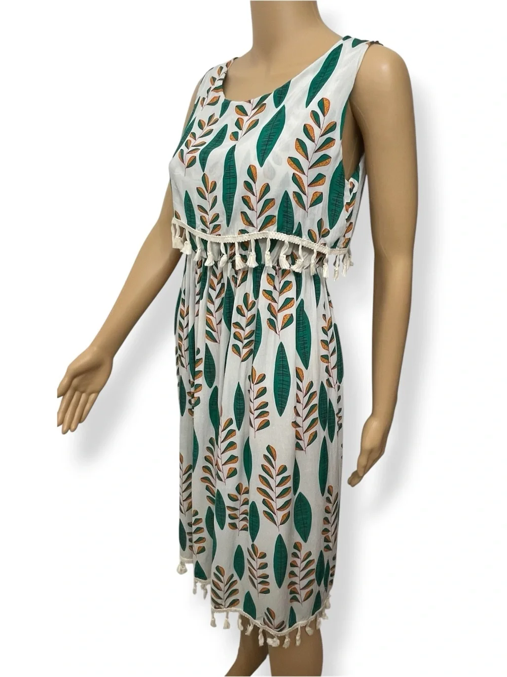 Cotton Sleeveless Leaf Print Tassel Hem Summer Mini Dress - White/Green size S - Picture 6 of 7
